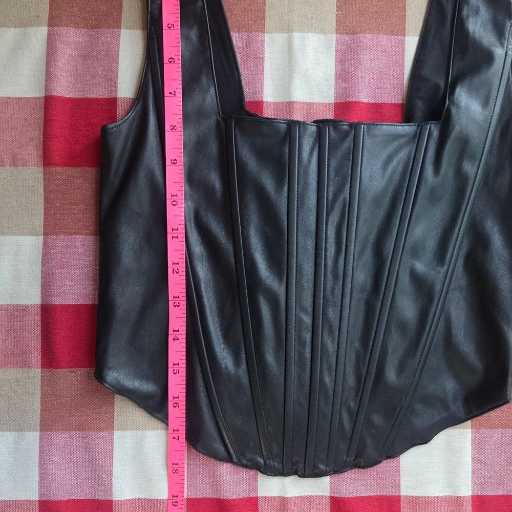 7‎ For All Mankind Black Vegan Leather Corset Top Square Neck Smocked Back Small - Picture 9 of 13